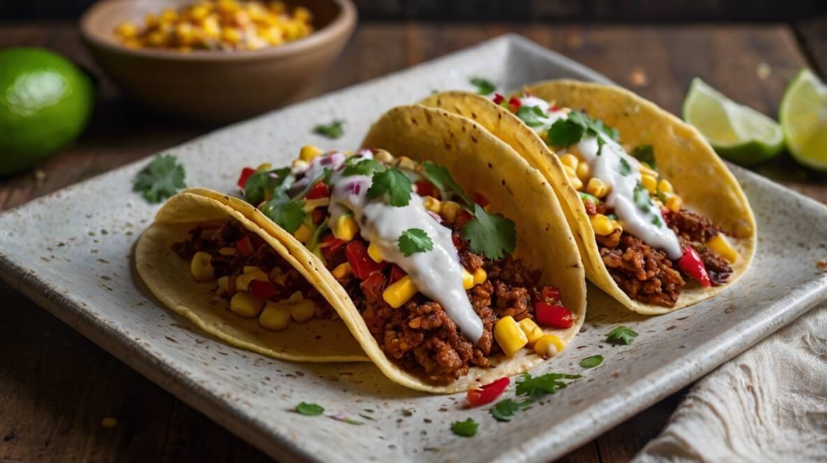 Colorful hard shell tacos filled with meat corn red pepper and white sauce garnished with cilantro gray plate limes in background Three colorful hard-shell tacos filled with meat corn red pepper and white sauce garnished with cilantro gray plate limes in background