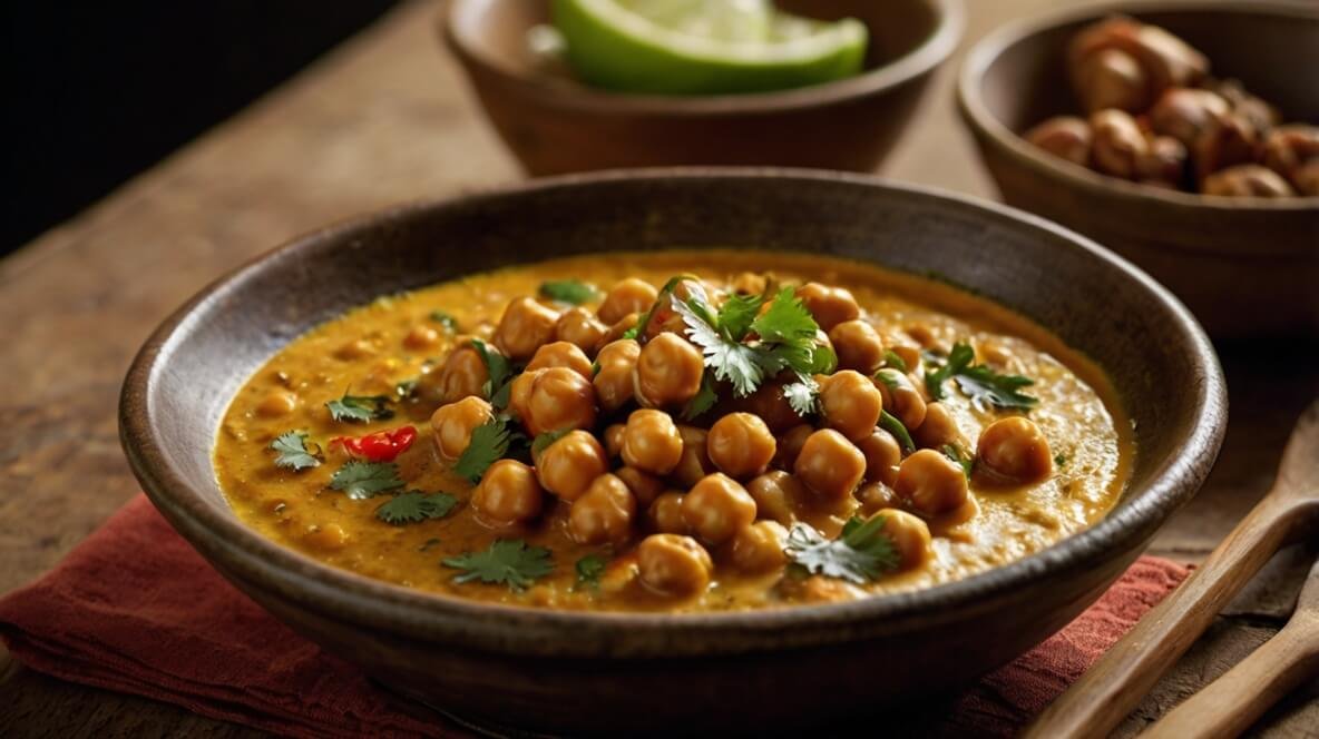 Spicy chickpea coconut curry in a rustic bowl garnished with fresh cilantro and a red chili sliver on a wooden table with blurred lime and spices in background
