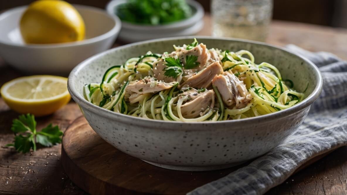 A bowl with chicken alfredo over zucchini noodles placed on a wooden table with lemon parsley and a glass of water in the background softly lit with natural light
