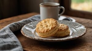 A cozy, rustic breakfast scene. Two freshly baked golden buttermilk biscuits sit on a textured ceramic plate atop a wooden table. A soft gray napkin rests nearby. In the background, there's a steaming white mug of coffee with a golden rim, placed near a window that casts natural morning light over the scene, creating a warm and inviting atmosphere