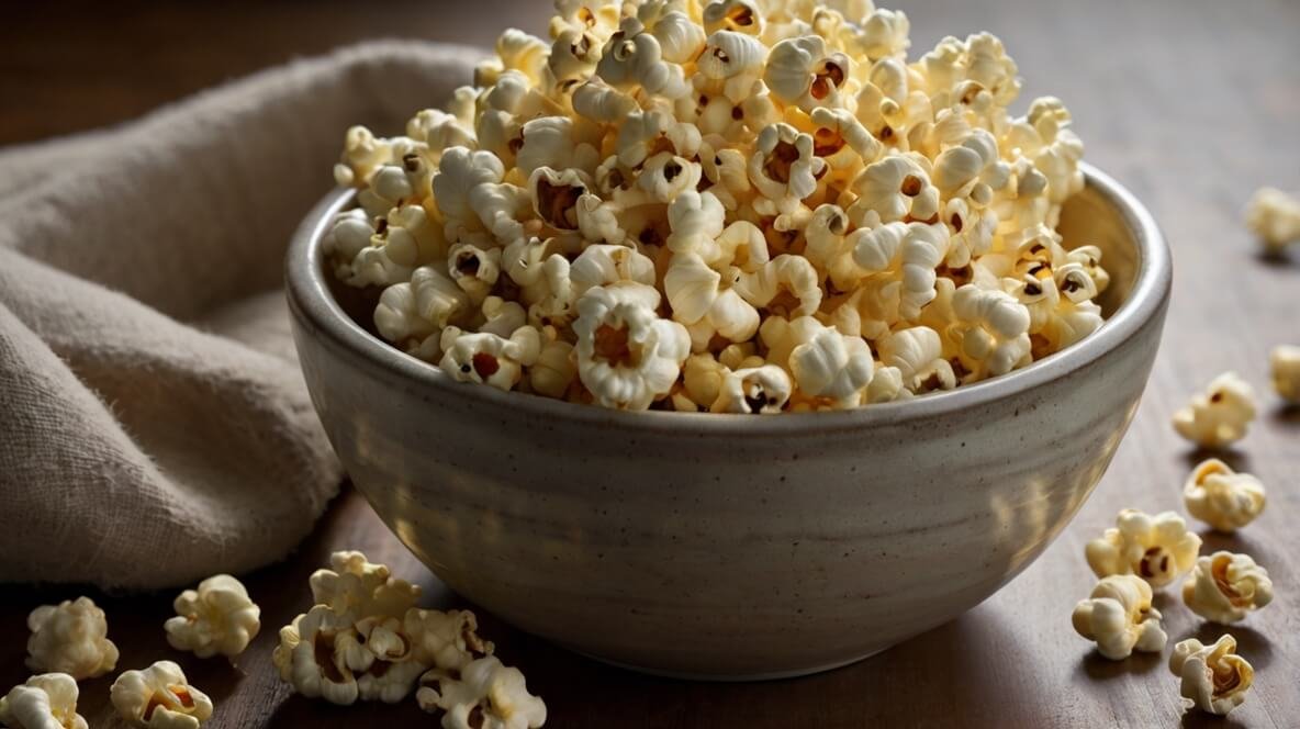 a large ceramic bowl filled to the top with freshly popped popcorn sits on a rustic wooden table on the left side of the frame there is a beige textured cloth adding warmth and contrast a few pieces of popcorn are scattered around the bowl the popcorn looks lightly golden and fluffy with a slight shine suggesting it was tossed in butter the lighting is soft and natural coming from the left casting gentle shadows and highlighting the texture of each kernel the background is softly blurred drawing full attention to the bowl and its delicious contents