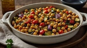 a large oval ceramic baking dish filled with roasted chickpeas cherry tomatoes sliced zucchini red onion and leafy greens the vegetables are golden and slightly caramelized the chickpeas look tender and shiny from olive oil the dish is placed on a rustic wooden surface with a beige cloth underneath natural light from the side highlights the colors and textures creating a warm and inviting mood