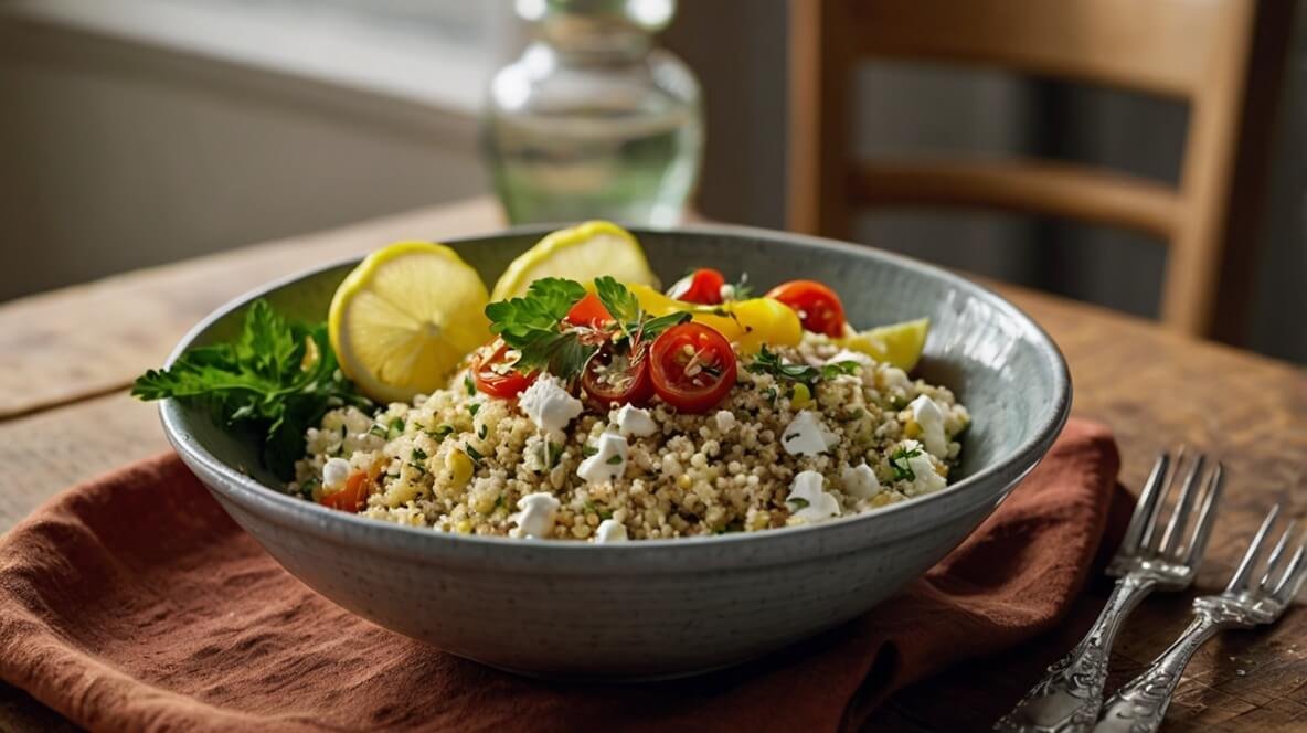 a rustic bowl filled with fluffy quinoa and colorful vegetables sits on a wooden table bathed in soft natural light lemon slices cherry tomatoes herbs and crumbled cheese are placed on top a sprig of parsley adds freshness a burnt orange napkin and vintage forks complete the cozy and homemade presentation