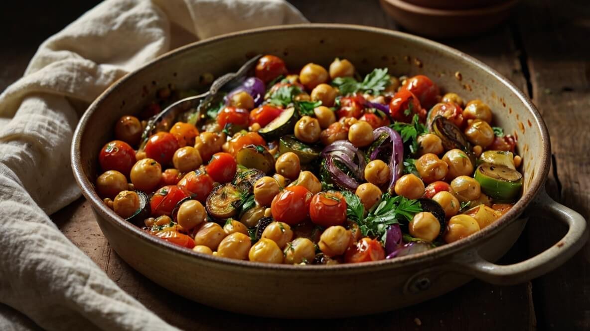 a rustic ceramic dish filled with roasted vegetables and chickpeas sits on a wooden table the food is colorful with cherry tomatoes zucchini red onion and parsley a spoon rests inside and a beige cloth lies nearby warm light highlights the textures and steam the scene feels cozy natural and homemade