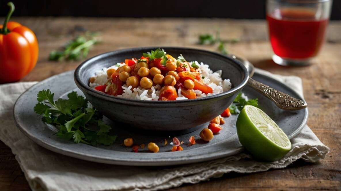 chickpea stew over rice in rustic bowl on wooden table with lime parsley and hibiscus tea cozy natural light vintage spoon and scattered ingredients for authentic feel