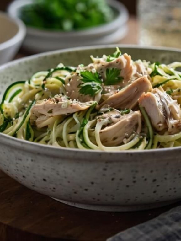 A bowl with chicken alfredo over zucchini noodles placed on a wooden table with lemon parsley and a glass of water in the background softly lit with natural light