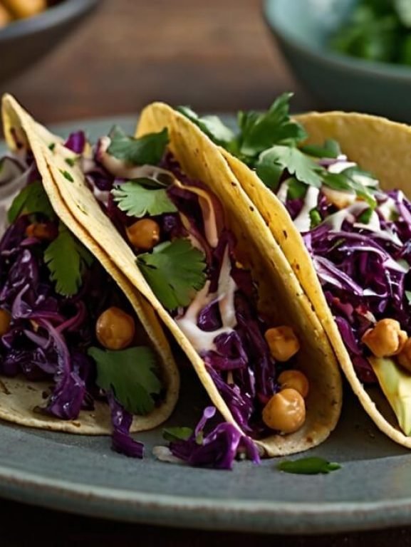 A ceramic plate holding three soft corn tacos filled with smoky chickpeas shredded purple cabbage creamy avocado slices and fresh cilantro leaves the tacos are drizzled with a light white sauce possibly a lime crema the plate rests on a rustic wooden table with a bowl of chickpeas in the background a lime wedge and a bowl of herbs slightly blurred natural light coming from the left highlights the vibrant colors and textures creating a cozy and appetizing atmosphere