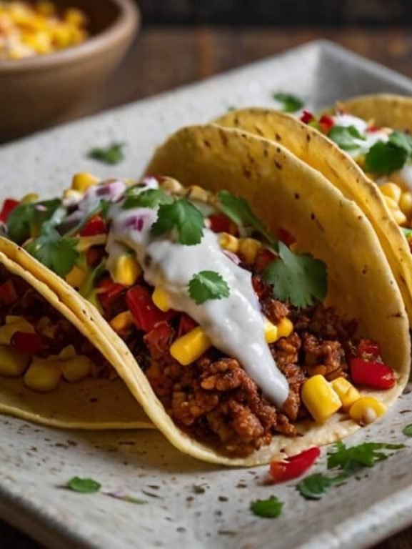 Colorful hard shell tacos filled with meat corn red pepper and white sauce garnished with cilantro gray plate limes in background Three colorful hard-shell tacos filled with meat corn red pepper and white sauce garnished with cilantro gray plate limes in background