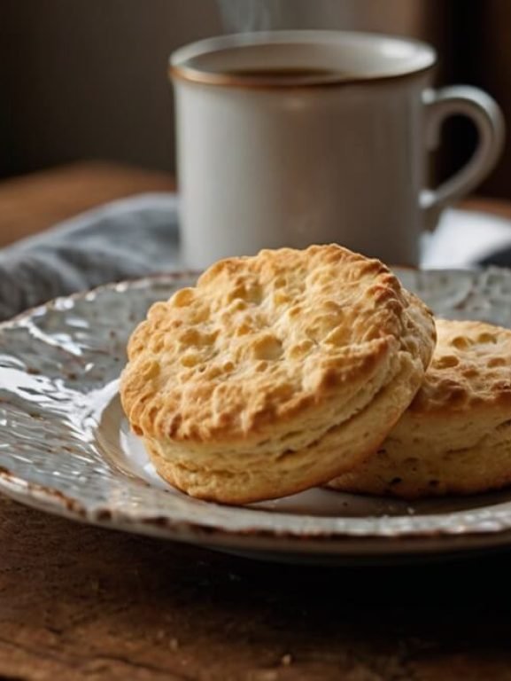 A cozy, rustic breakfast scene. Two freshly baked golden buttermilk biscuits sit on a textured ceramic plate atop a wooden table. A soft gray napkin rests nearby. In the background, there's a steaming white mug of coffee with a golden rim, placed near a window that casts natural morning light over the scene, creating a warm and inviting atmosphere