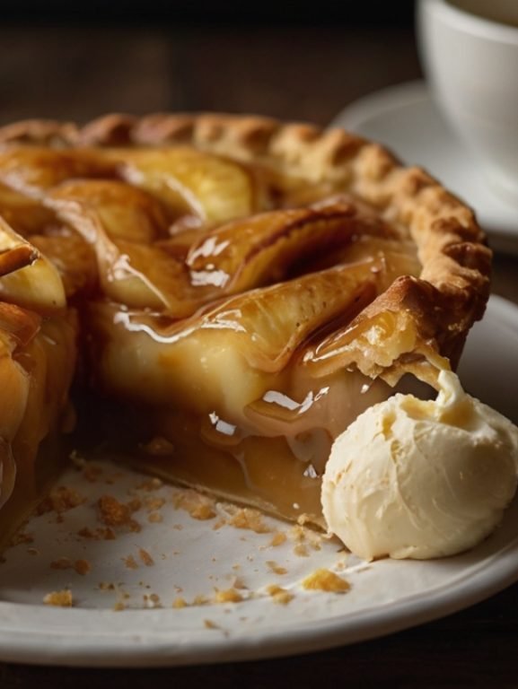 This is a close-up photo of a beautifully presented apple pie on a white ceramic plate, placed on a rustic wooden table. The pie has a golden, flaky crust that is thick and neatly crimped around the edges. The filling is made of sliced apples, soft and glistening with a thick glaze of caramelized syrup, slightly translucent and golden brown, making the fruit look juicy and tender. One slice has been cut and slightly pulled out, revealing the gooey, rich interior of apple slices and syrup. Nestled next to the pie on the plate is a scoop of vanilla ice cream, creamy and smooth, slowly beginning to melt from the warmth of the pie. In the background, there's a white coffee cup and saucer, slightly blurred, adding a cozy café vibe to the setting. The overall lighting is warm and natural, giving the scene a homey and comforting feel, perfect for a dessert moment.