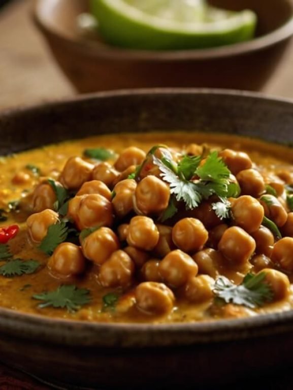 Spicy chickpea coconut curry in a rustic bowl garnished with fresh cilantro and a red chili sliver on a wooden table with blurred lime and spices in background