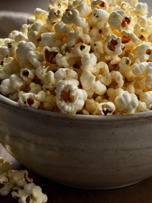 a large ceramic bowl filled to the top with freshly popped popcorn sits on a rustic wooden table on the left side of the frame there is a beige textured cloth adding warmth and contrast a few pieces of popcorn are scattered around the bowl the popcorn looks lightly golden and fluffy with a slight shine suggesting it was tossed in butter the lighting is soft and natural coming from the left casting gentle shadows and highlighting the texture of each kernel the background is softly blurred drawing full attention to the bowl and its delicious contents