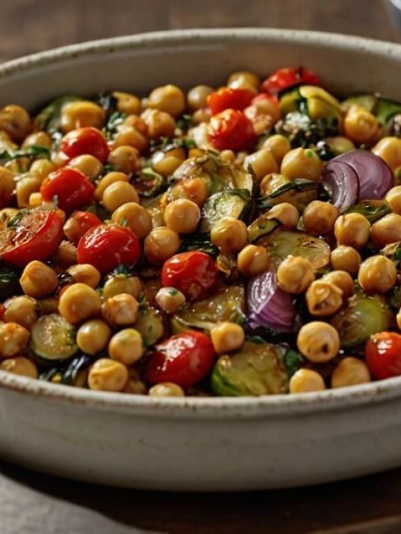 a large oval ceramic baking dish filled with roasted chickpeas cherry tomatoes sliced zucchini red onion and leafy greens the vegetables are golden and slightly caramelized the chickpeas look tender and shiny from olive oil the dish is placed on a rustic wooden surface with a beige cloth underneath natural light from the side highlights the colors and textures creating a warm and inviting mood