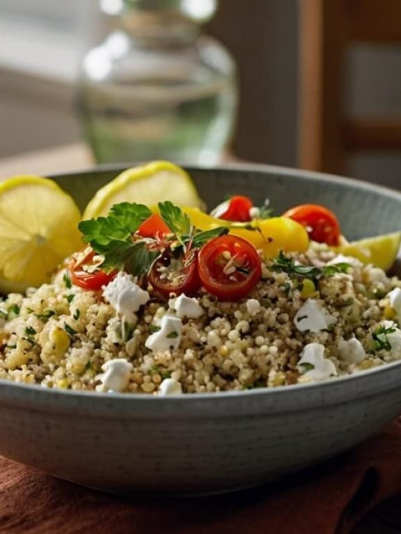 a rustic bowl filled with fluffy quinoa and colorful vegetables sits on a wooden table bathed in soft natural light lemon slices cherry tomatoes herbs and crumbled cheese are placed on top a sprig of parsley adds freshness a burnt orange napkin and vintage forks complete the cozy and homemade presentation