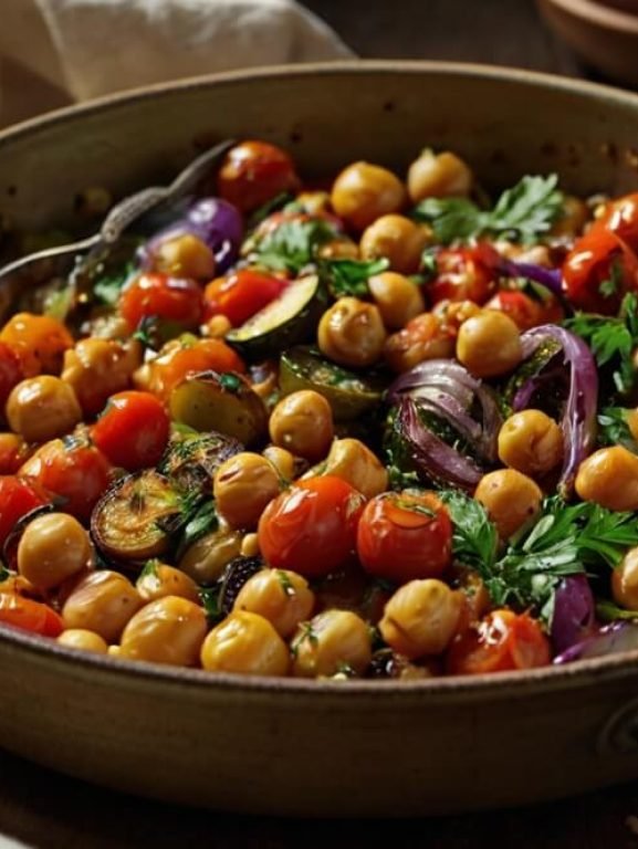 a rustic ceramic dish filled with roasted vegetables and chickpeas sits on a wooden table the food is colorful with cherry tomatoes zucchini red onion and parsley a spoon rests inside and a beige cloth lies nearby warm light highlights the textures and steam the scene feels cozy natural and homemade