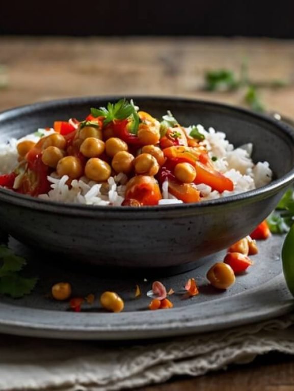 chickpea stew over rice in rustic bowl on wooden table with lime parsley and hibiscus tea cozy natural light vintage spoon and scattered ingredients for authentic feel
